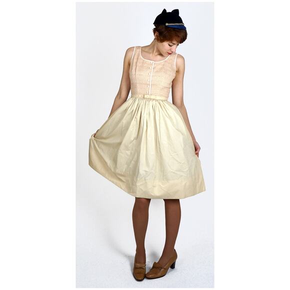 Vintage 1950s Beige and Pink Sleeveless Shirt-Waist Dress w Smocked Tank | Small - Picture 2 of 5